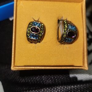 Multicolor Crystal Huggie Earrings - Blue, Green & Purple